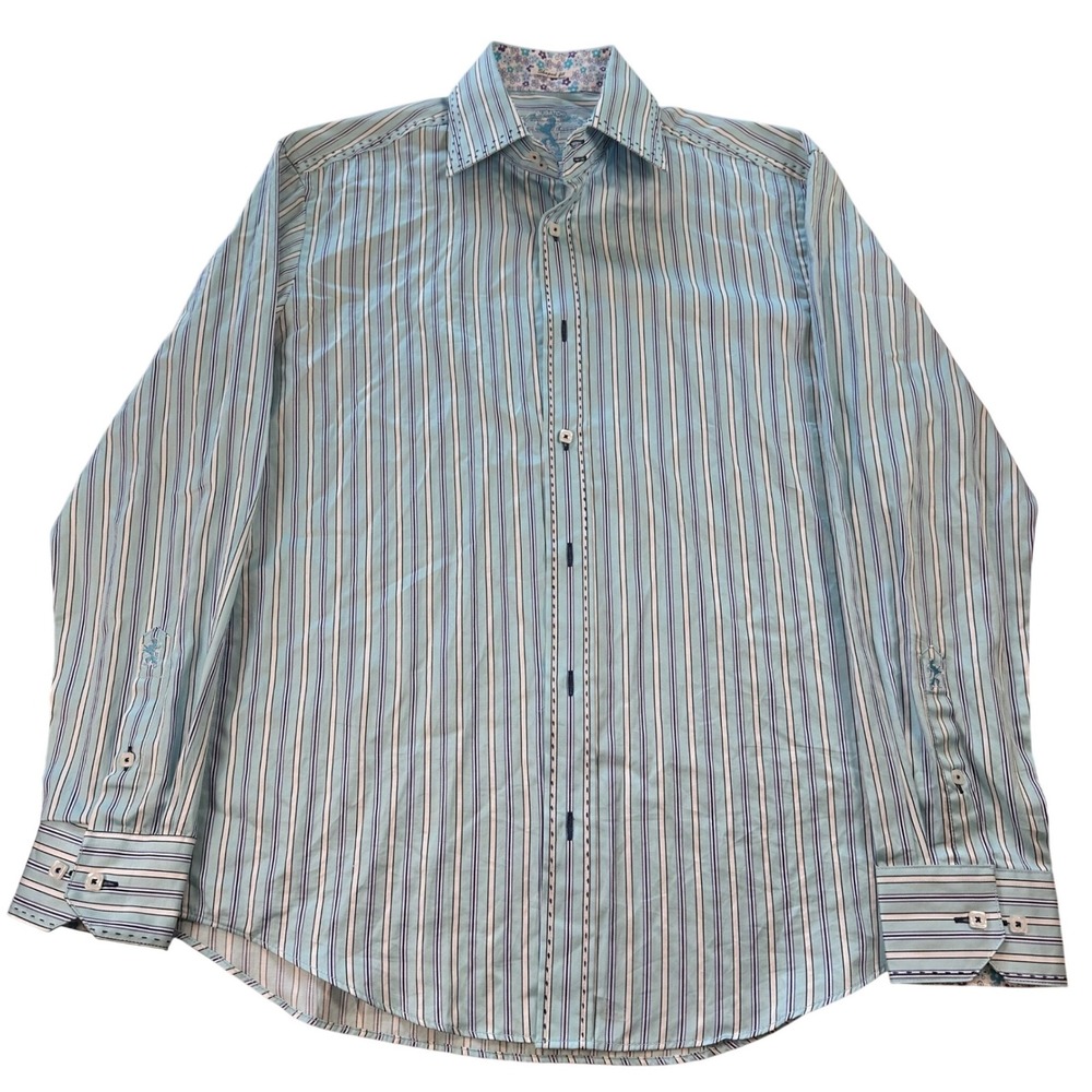 Bugatchi Button Down Mens M Blue Striped Shaped Fit Long Sleeve Floral Trim Logo